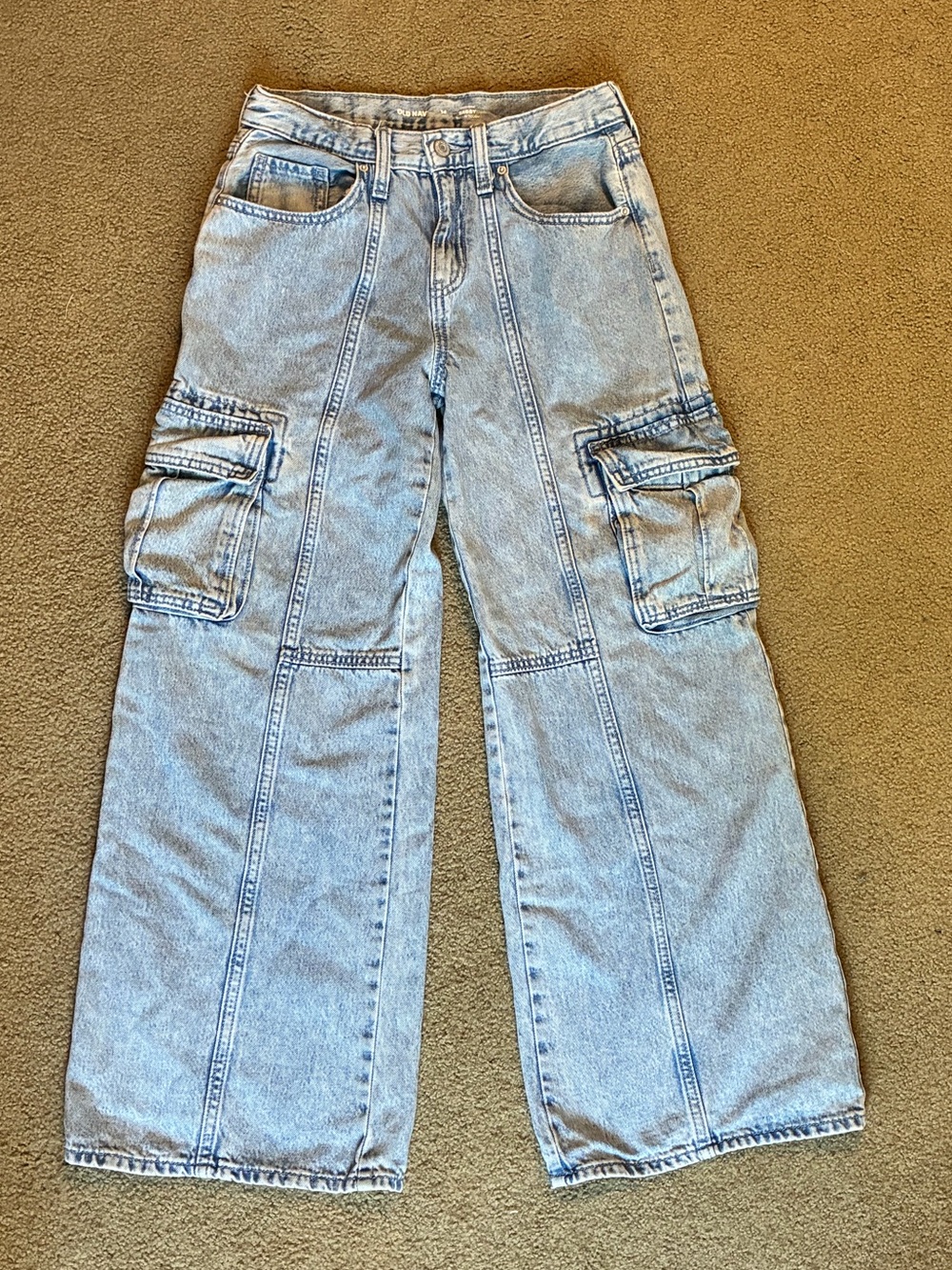 Old Navy Girls Wide Leg Light Blue Denim Jeans Size 14 Pants With Cargo Pockets